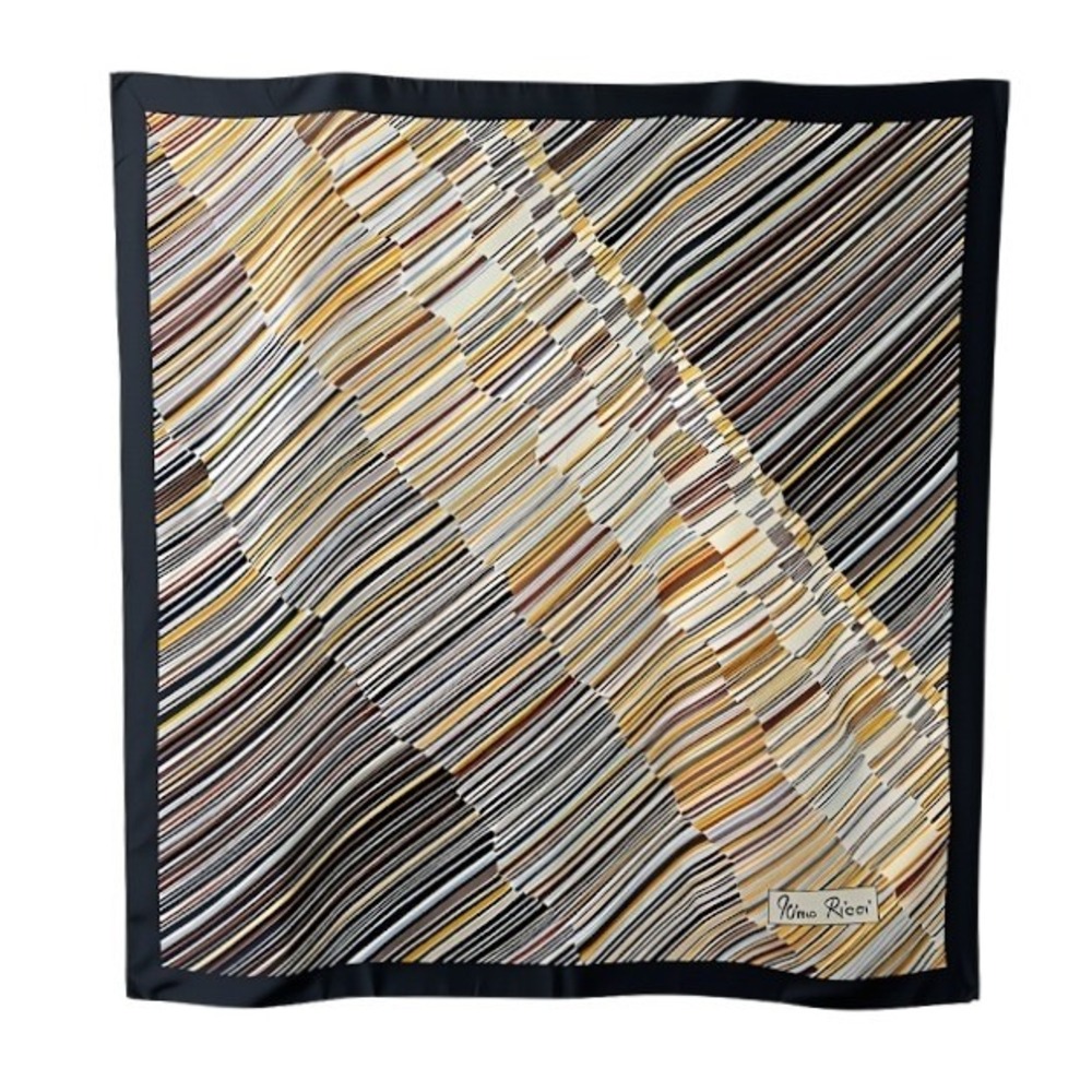 Nina Ricci Silk Scarf Black Gold Brown Geometric Striped Square Designer France